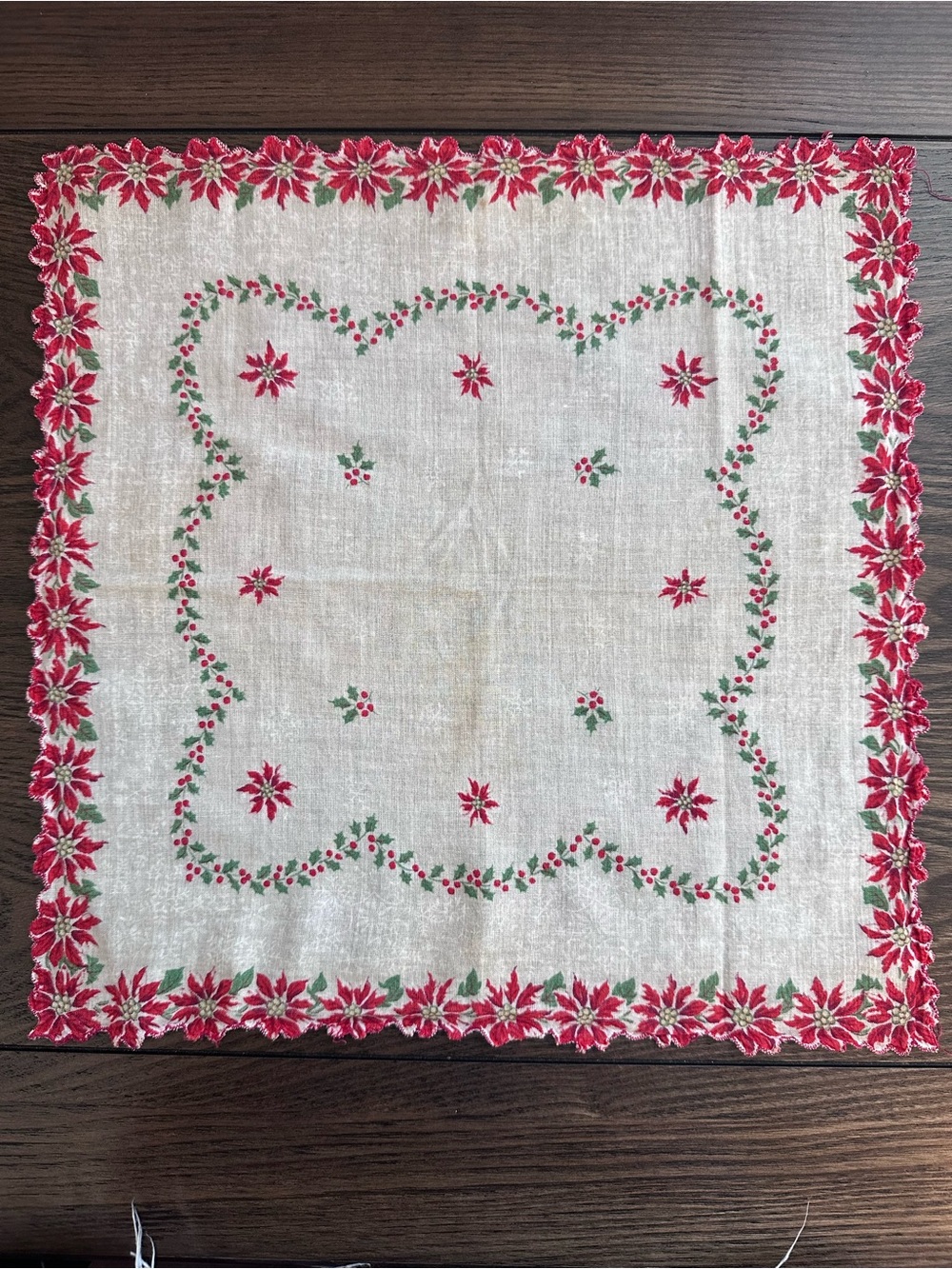 Vintage Christmas Hankie Red Poinsettia Holly Floral Scalloped Handkerchief